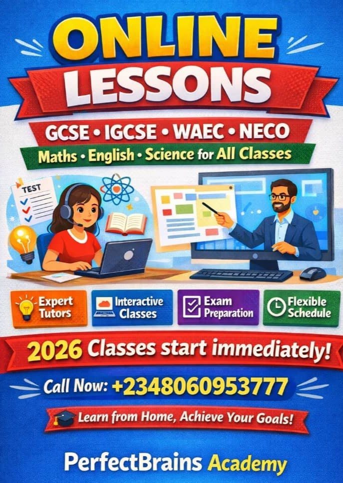 PerfectBrains Academy flyer — Online Lessons: GCSE, IGCSE, WAEC and NECO classes for all levels